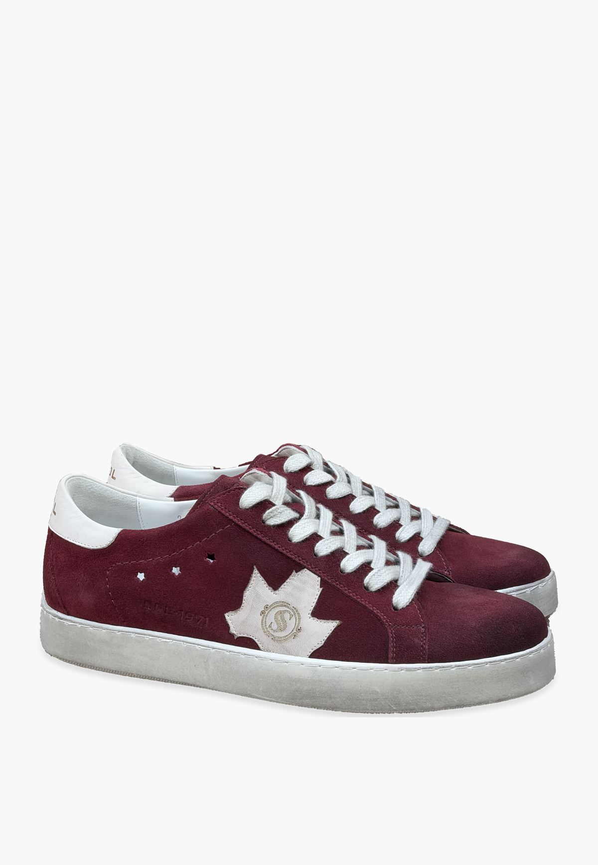 Ese-Fresh Burgundy Suede sneaker with a white star, off-white laces and intentionally distressed sole
