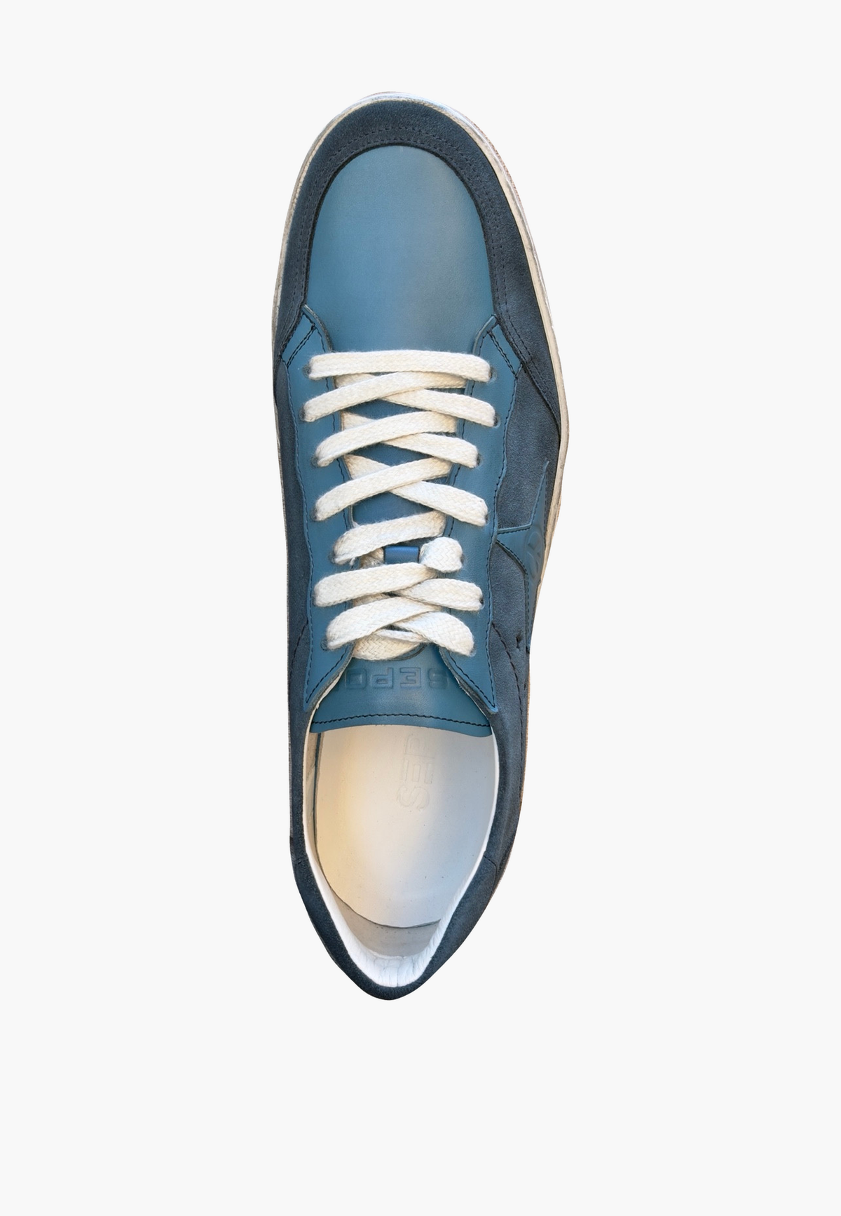 Estrella Sneaker Denim Blue, upright view showing two-tone suede and leather, laces and star details