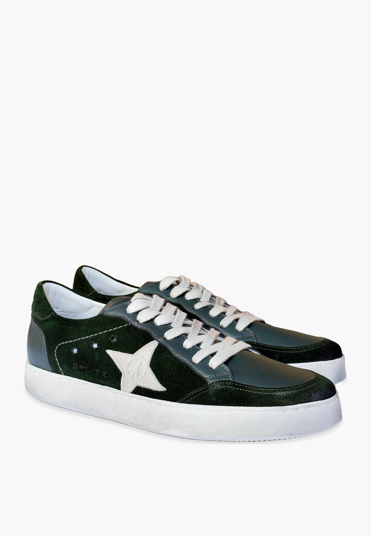 Estrella Sneaker Forest Green with off-white laces, star detail and distressed soles