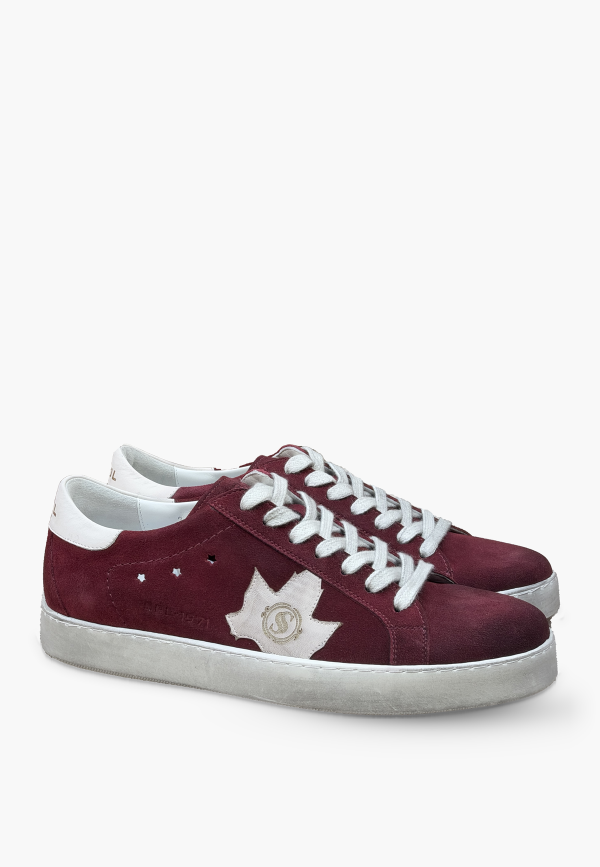 Ese-Fresh Burgundy Suede sneaker with a white star, off-white laces and intentionally distressed sole