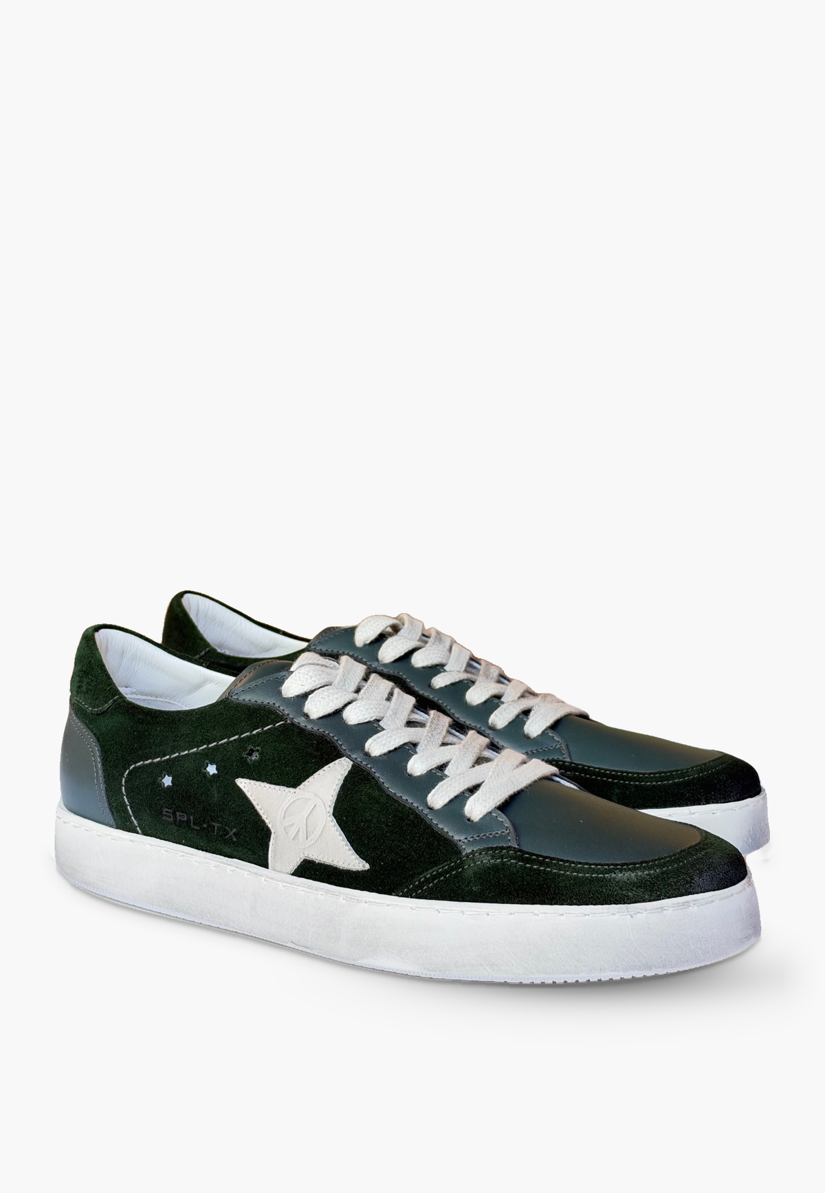 Estrella Sneaker Forest Green with off-white laces, star detail and distressed soles